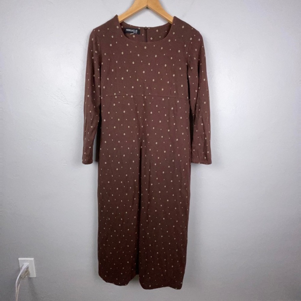 Vintage Miracle Dress Brown Polka Dot Long Sleeve Empire Waist Maxi Lined Korean